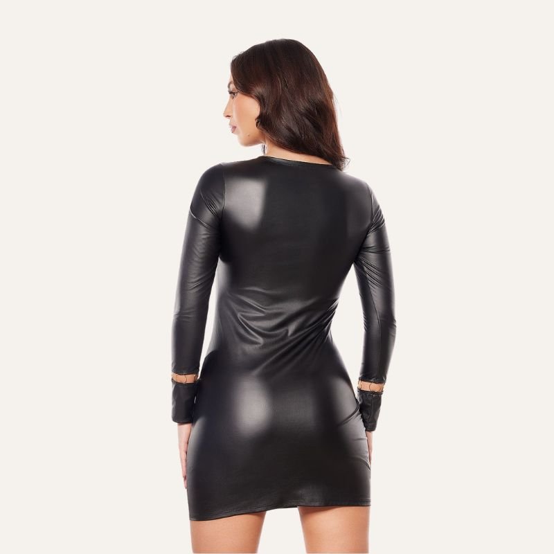 Robe Intrigante Latex-Look à Manches Longues