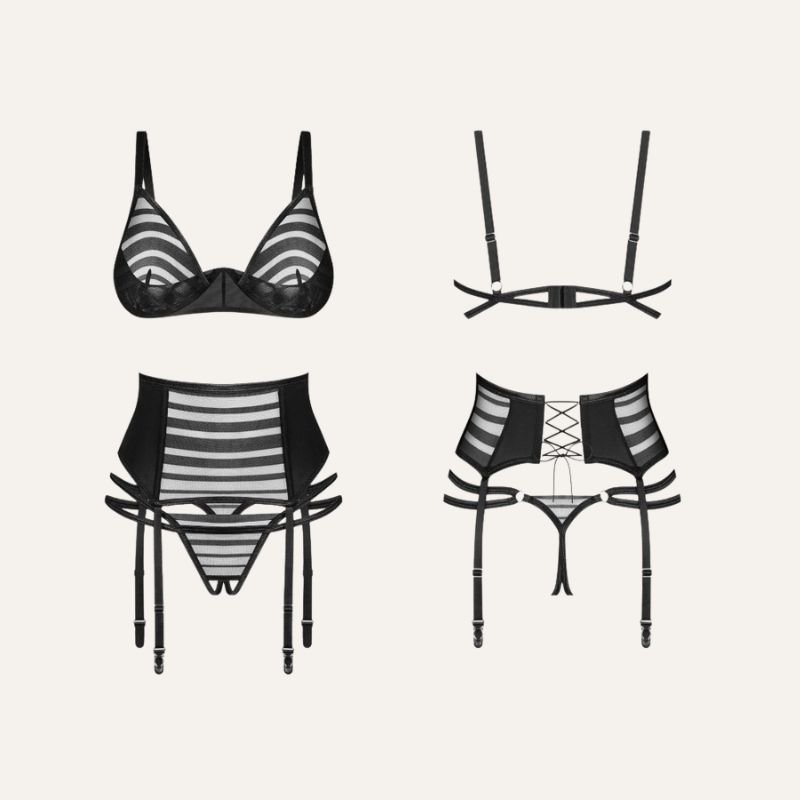 Ensemble Ouvert 3 Pièces Lune Bellis – Noir | Provocation Élégante & Transparences Captivantes