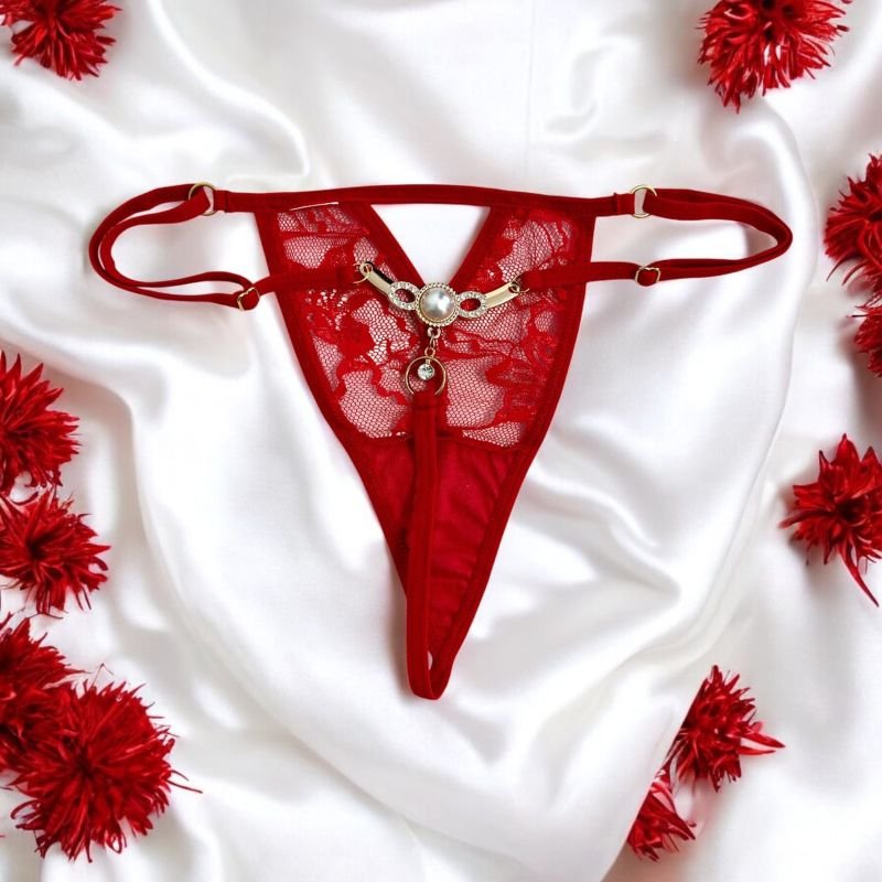 String Rouge Bijou Perle & Strass Dorés – Sensual Jewel