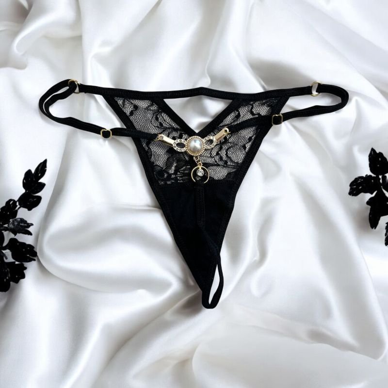 String Noir Bijou Perle & Strass Dorés – Sensual Jewel