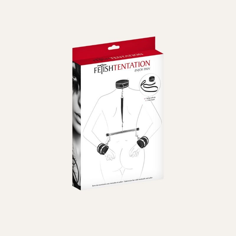 5 Menottes & Collier de Soumission – Kit avec Barre – Fetish Tentation