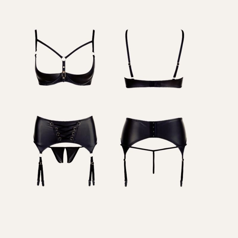 Ensemble Sexy Noir 3 Pièces – Demi-Seins & String Ouvert