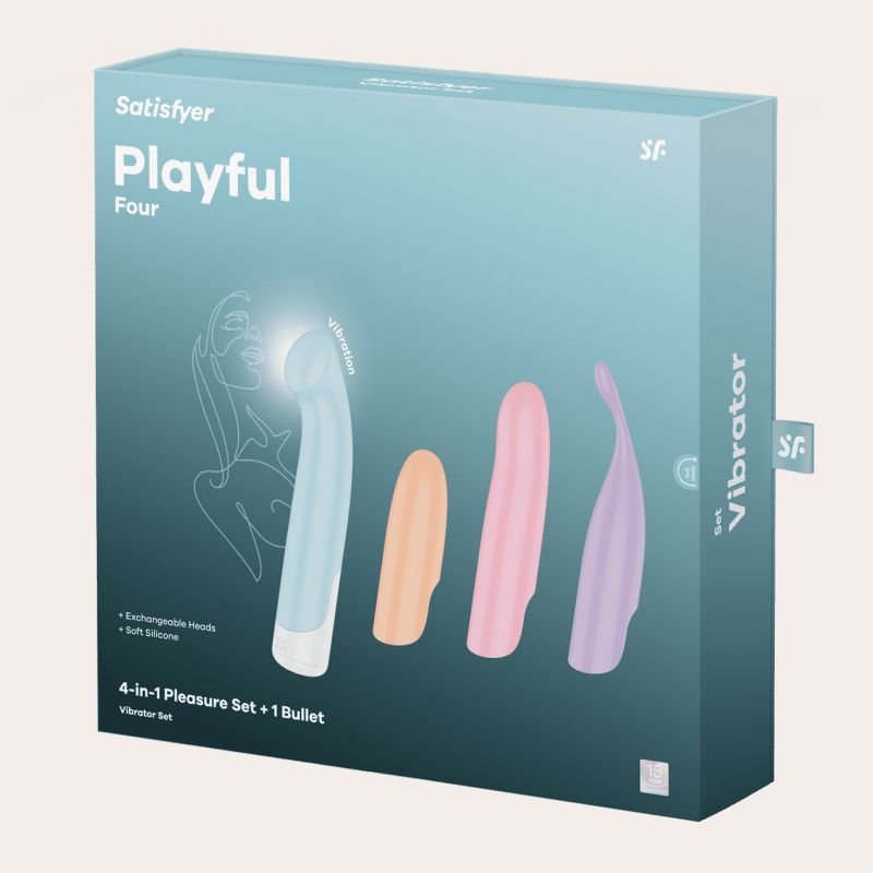 Satisfyer Playful Four – Coffret 4 Vibromasseurs Interchangeables | Secret Muse Coffret Satisfyer Playful Four avec 4 vibromasseurs interchangeables. Silicone médical, 12 vibrations, étanche IPX7, plaisir clitoridien et point G.