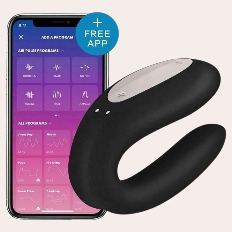 Stimulateur connecté pour couple Satisfyer Double Joy. Double stimulation clitoris, point G et pénis. App Satisfyer Connect, étanche IPX7.