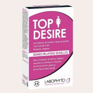 Top Desire est un complément aphrodisiaque pour femmes à base de plantes et vitamines B6 B9. Stimule la libido et le désir. Fabriqué en France.