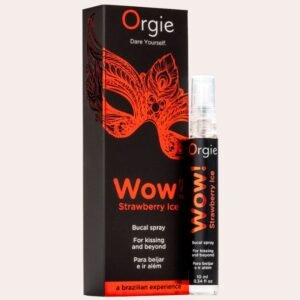 Spray buccal excitant Orgie Kiss & Ice : sensation glacée menthe-fraise pour baisers et sexe oral. Stimulation immédiate pour couples.