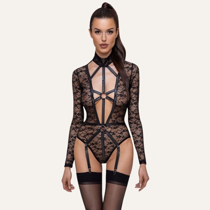 Body String Noir en Dentelle — Décolleté Plongeant & Harnais Décoratif