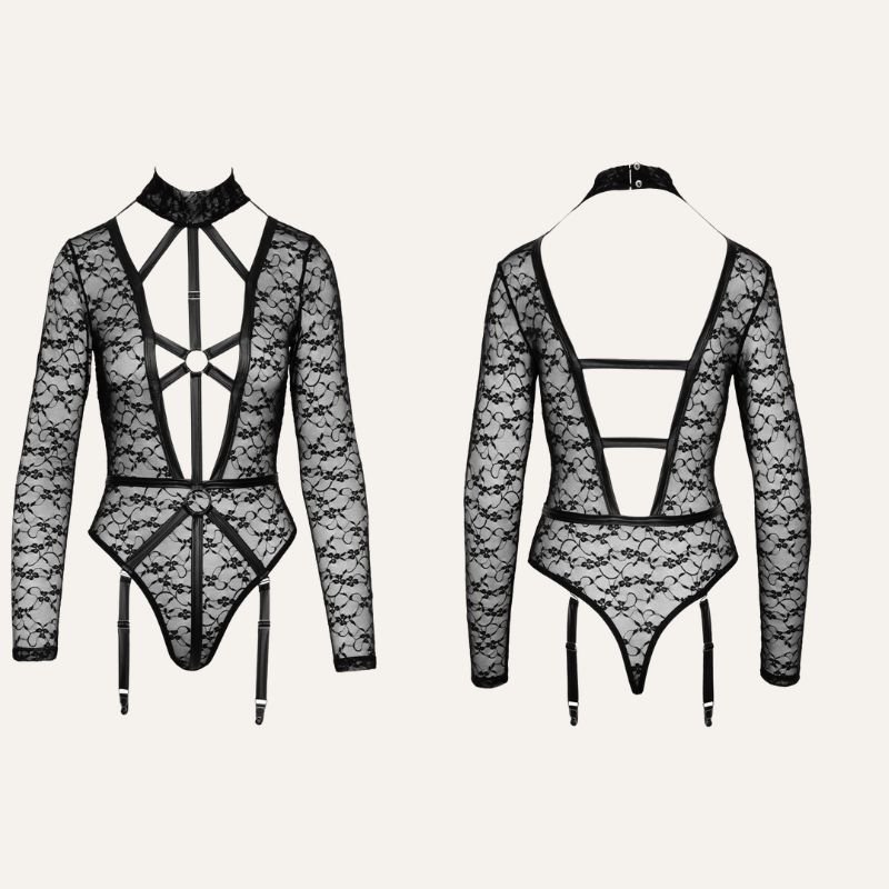 Body String Noir en Dentelle — Décolleté Plongeant & Harnais Décoratif