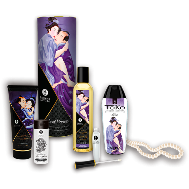 Coffret collection plaisirs charnels 5 produits Shunga + collier de perles